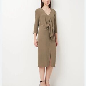 Zara Olive V-Neck Tie-Front Midi Dress NWT